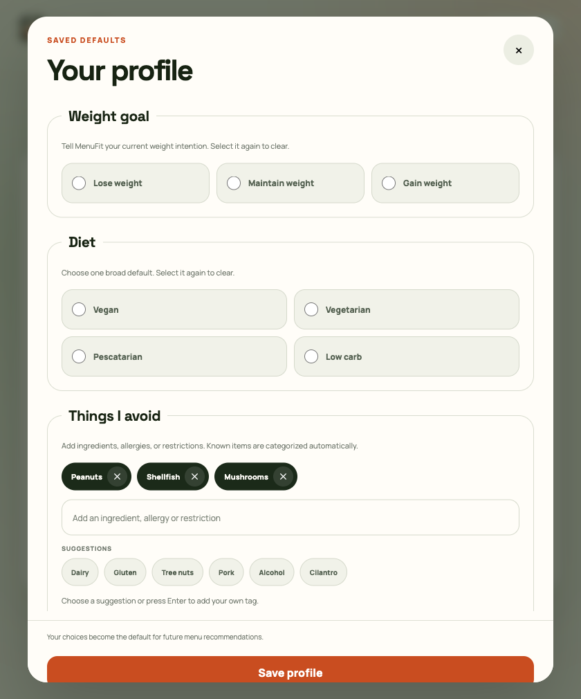 Current MenuFit profile modal in English with surrounding page context