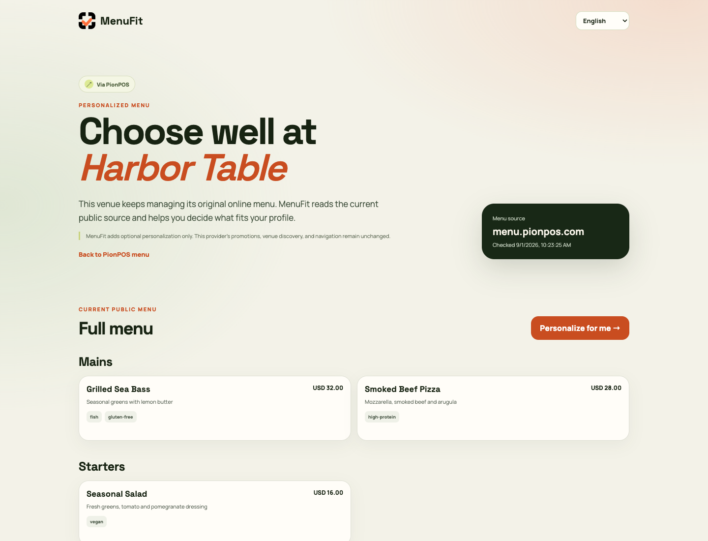 MenuFit public menu view in English